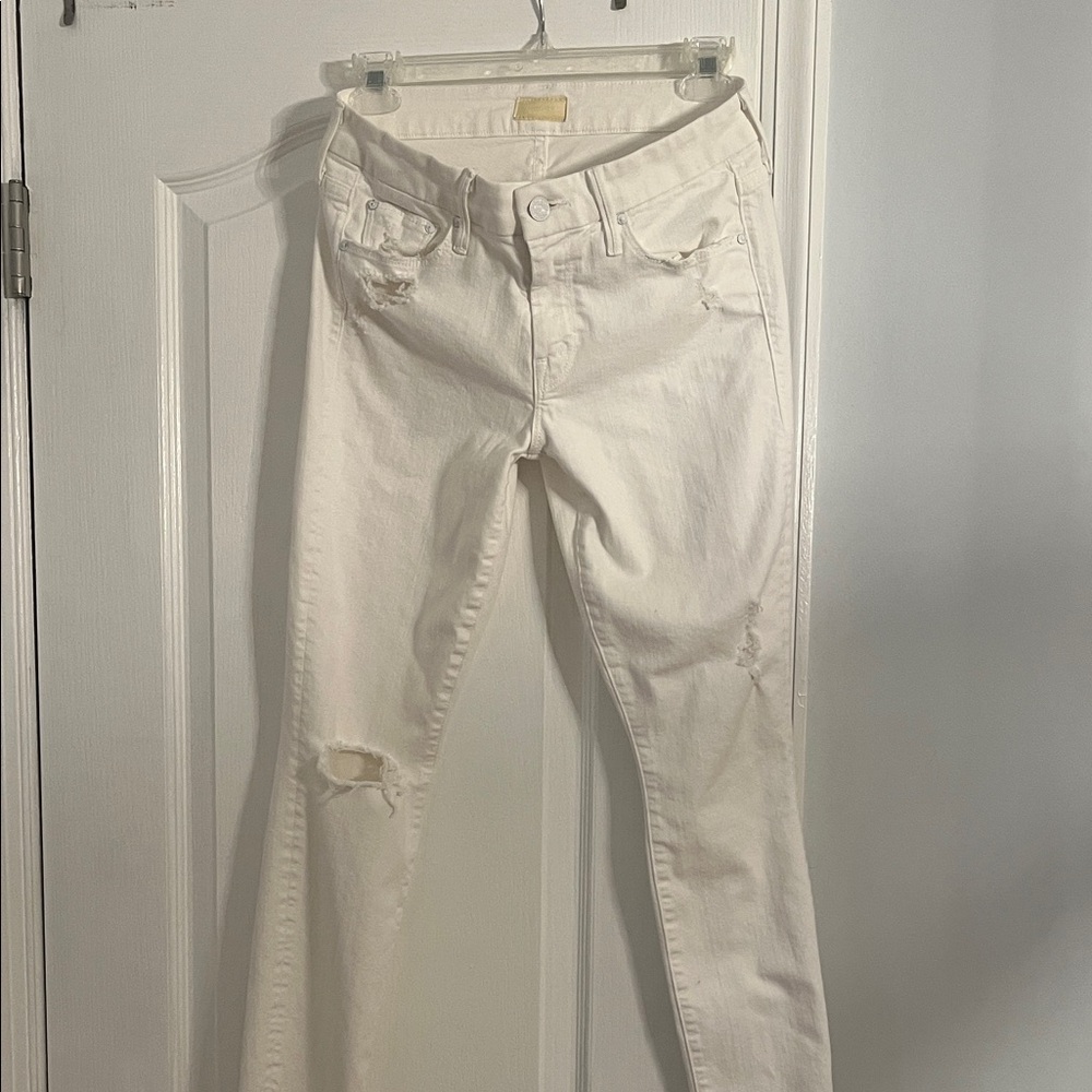 MOTHER Ivory Flare Leg Distressed Denim